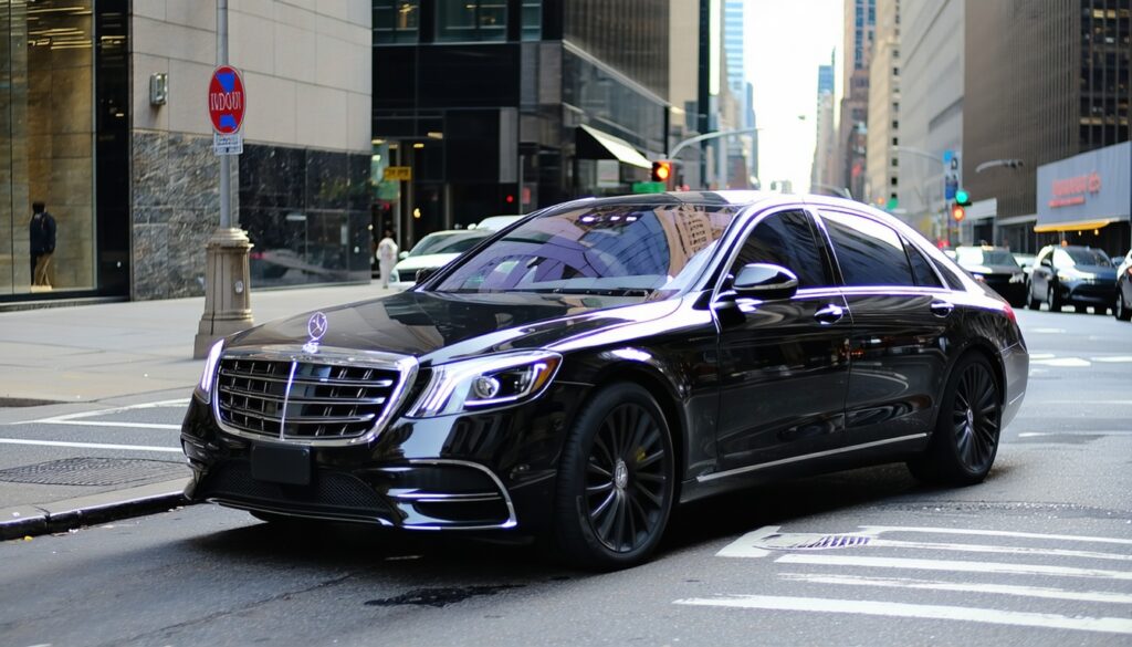 Black luxury car on city street