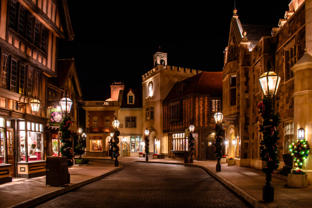 Nighttime view of a charming old street.