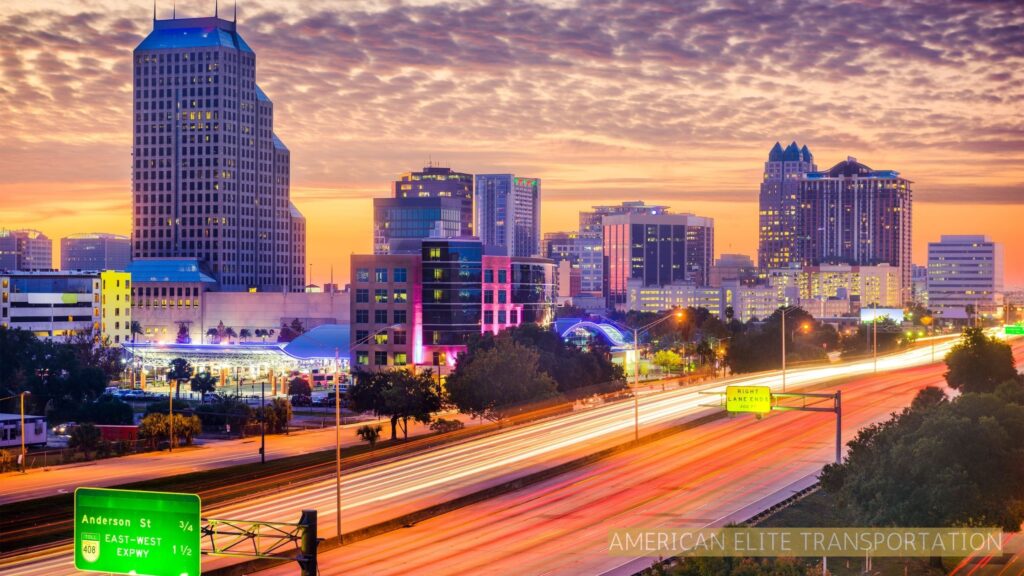 Orlando skyline at sunset with light trails