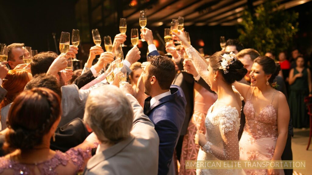 Wedding guests raising glasses for a toast.