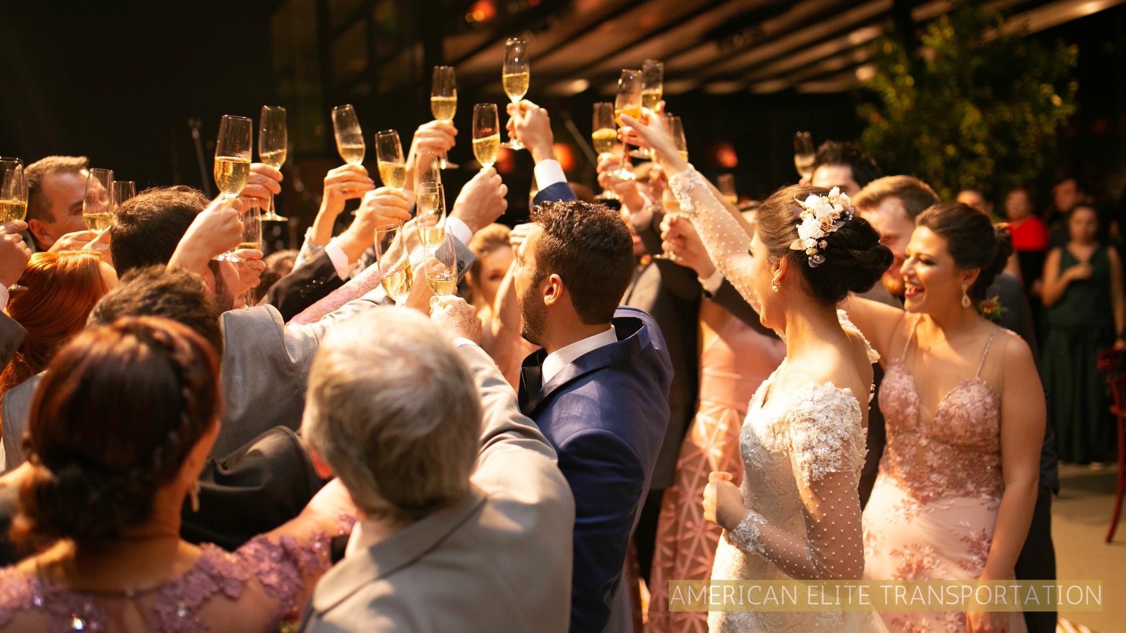 Wedding guests raising glasses for a toast.