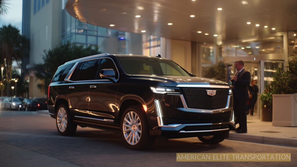 Chauffeured luxury SUV parked outside an upscale Orlando hotel at dusk, ready for a stylish