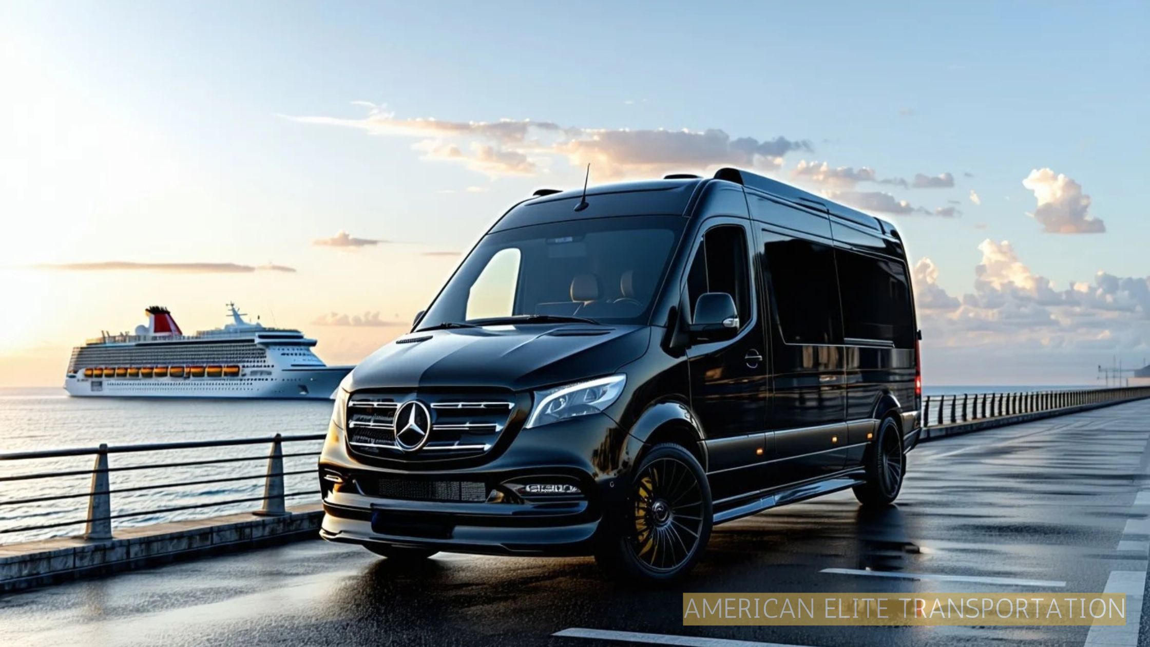 Black luxury Sprinter van parked at Port Canaveral with a large cruise ship in the background, showcasing private cruise transfer service between the terminal and Orlando.