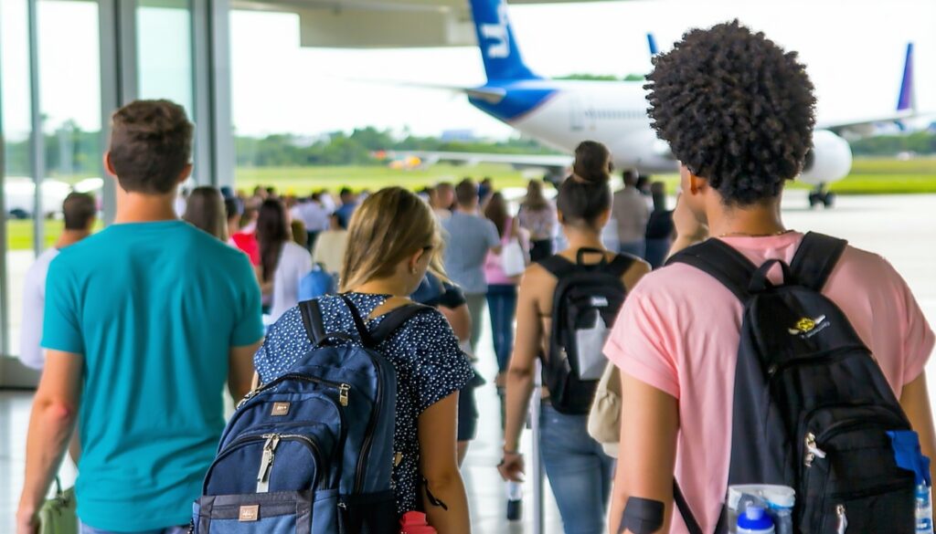 Travelers boarding airplane at airport gate entrance.