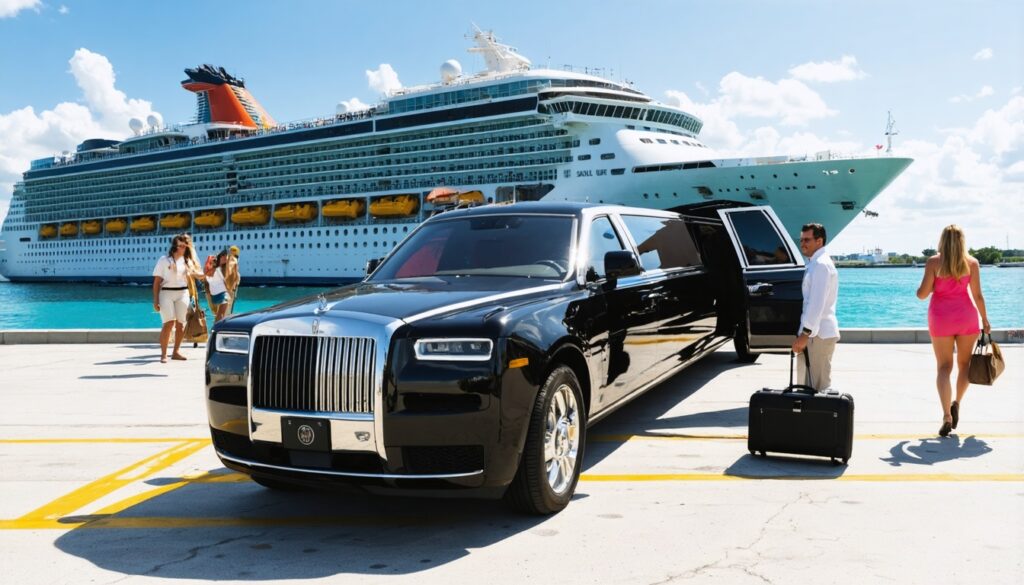 Luxury car and cruise ship at port, sunny day.