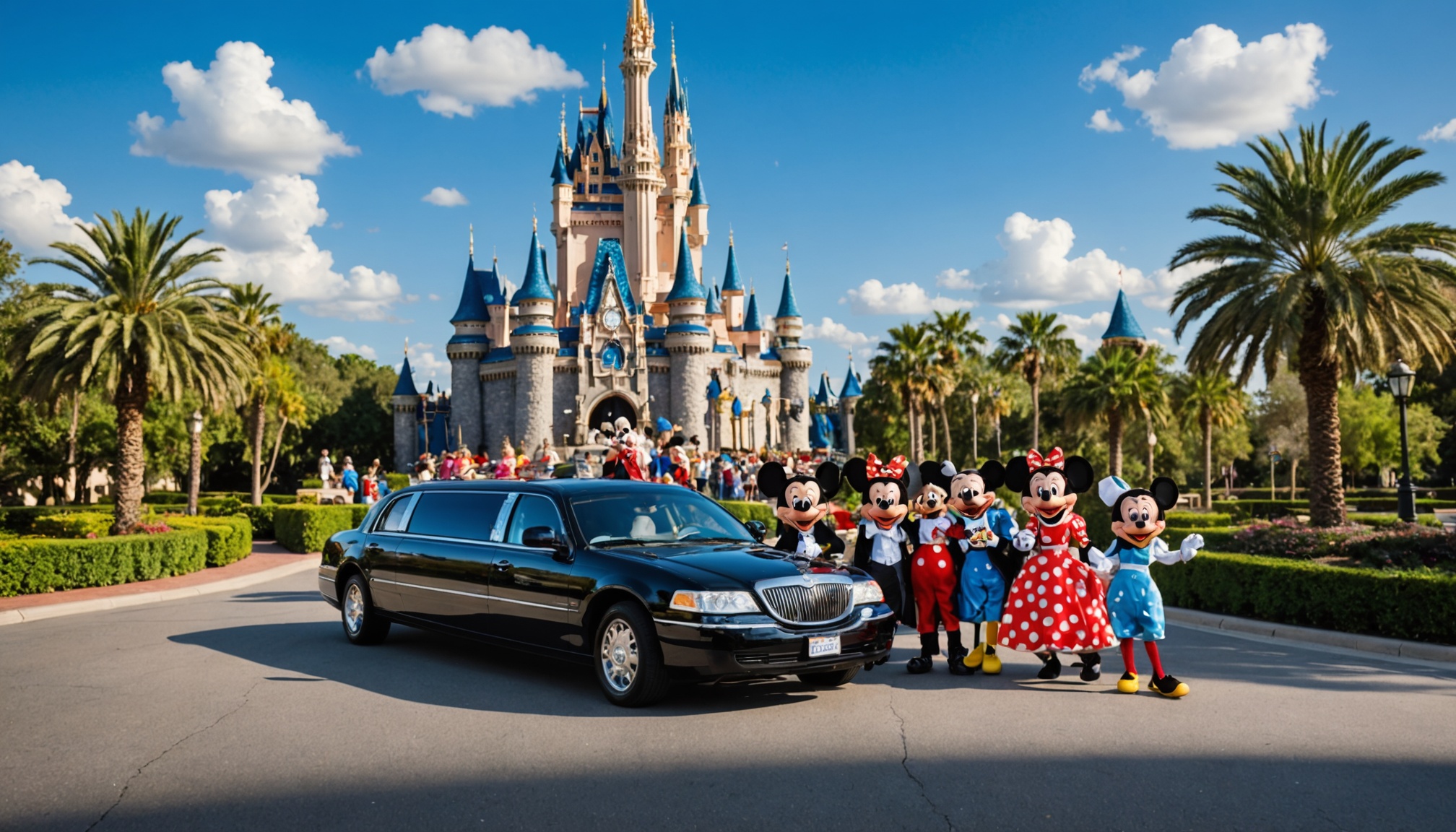 Disney characters posing by limousine at theme park.