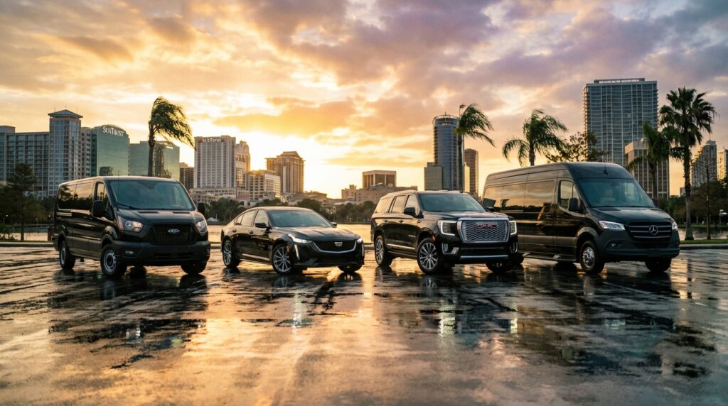 Fleet of black luxury sedans, vans and SUVs lined up in front of the Orlando skyline at sunset, showcasing professional chauffeur service and premium transportation.