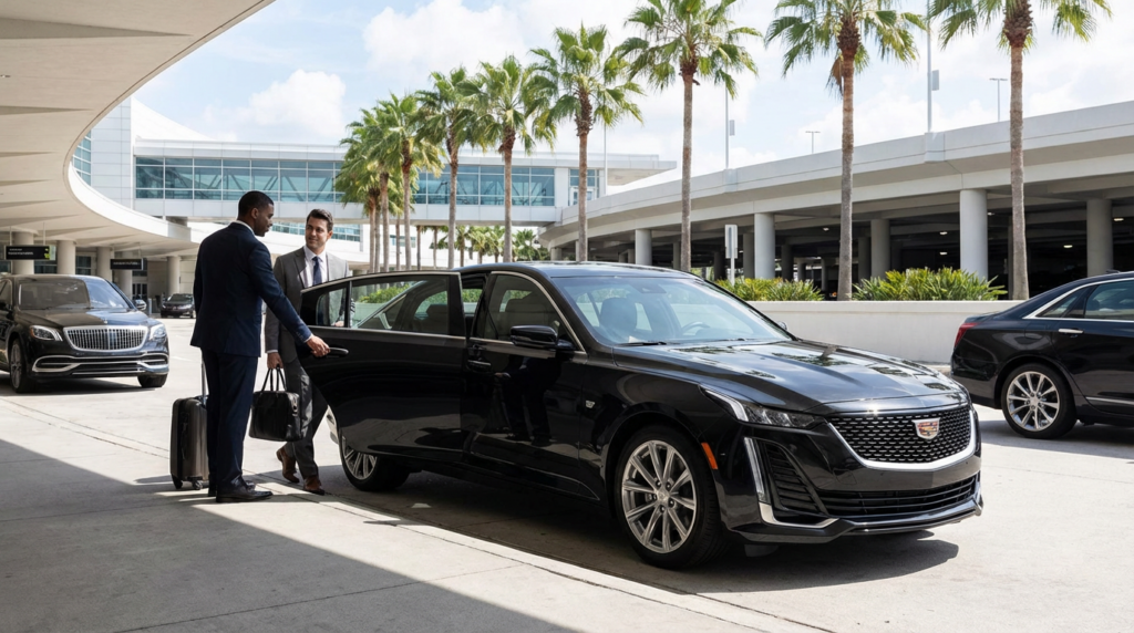 Businessmen at airport with luxury car
