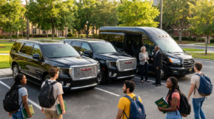 A group of students waiting to board luxury chauffeured vehicles for a college campus tour in Orlando.