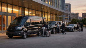 Meeting & Events limo service outside a convention venue with professional chauffeur and luxury vehicle.