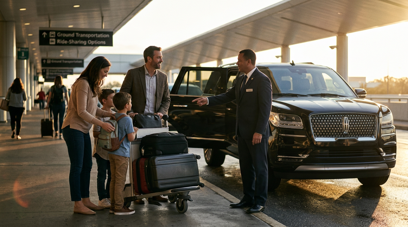 Family being picked up in a luxury SUV at the airport with a chauffeur assisting with luggage.