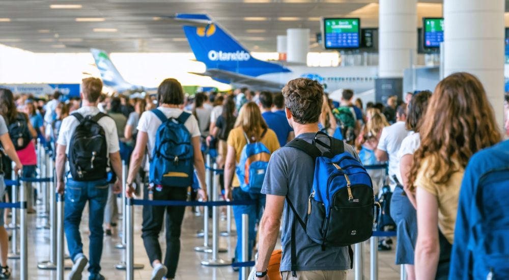 Crowded airport security line with travelers and luggage.
