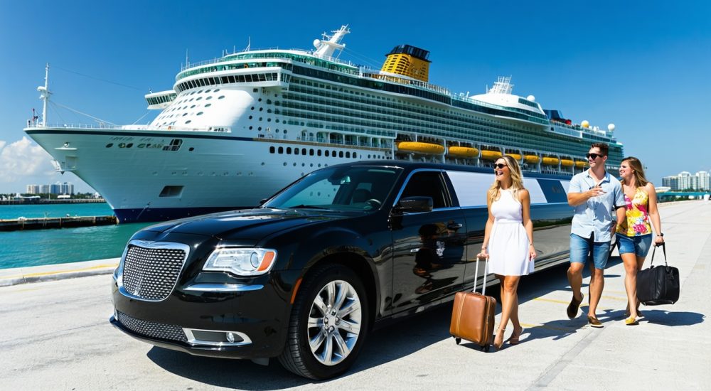 Passengers arriving by limousine for cruise ship journey
